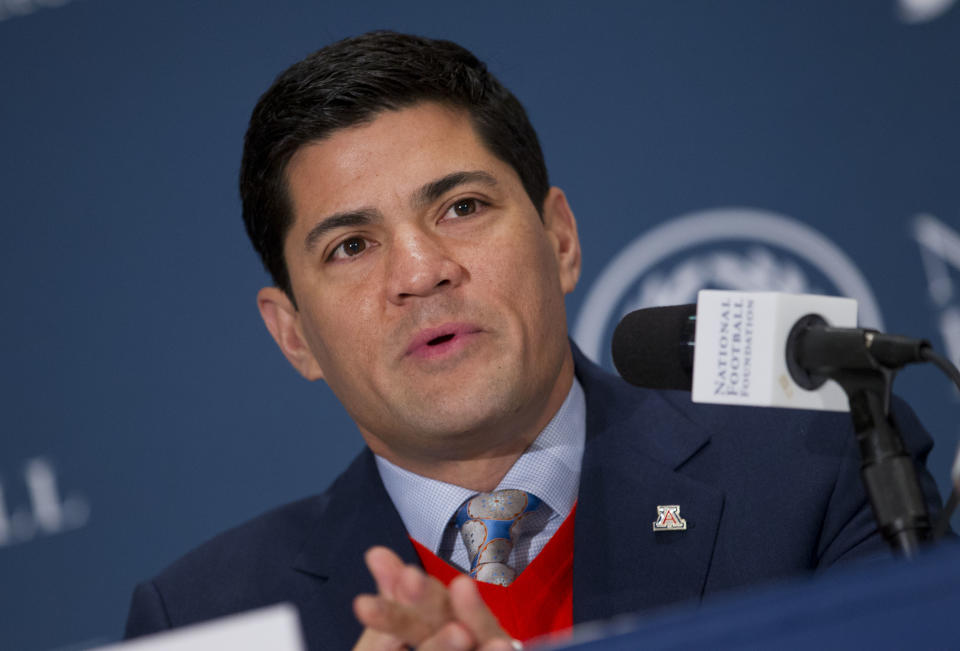 College Football Hall of Fame inductee Tedy Bruschi, a defensive back from Arizona, speaks during the 56th National Football Foundation Annual Awards ceremonies on Tuesday, Dec. 10, 2013 in New York. (AP Photo/Jin Lee)