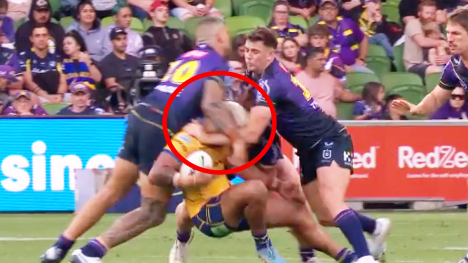 NRL and Storm forward Nelson Asofa-Solomona (pictured left) hitting Parramatta's Makahesi Makatoa (pictured middle) with a head-high tackle.