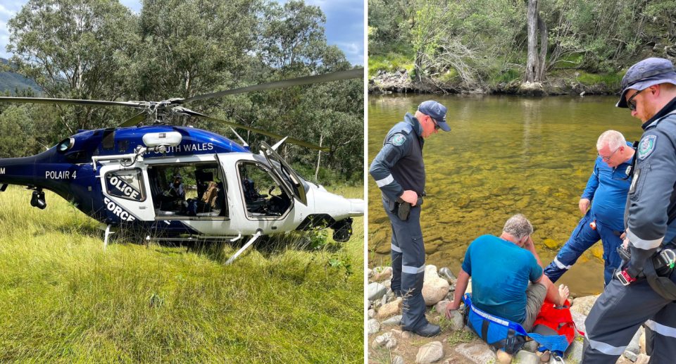 Left: An image of the PolAir helicopter that found Andy. Right Andy is sitting on Coxs River with emergency services assisting him.