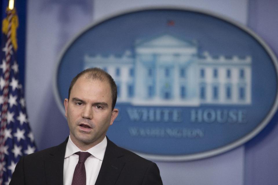 Ben Rhodes, Deputy National Security Adviser for Strategic Communications and Speechwriting speaks during a briefing on President Barack Obama's upcoming trip to Europe and Saudi Arabia, Friday, March 21, 2014, in the Brady Press Briefing Room of the White House in Washington. (AP Photo/Manuel Balce Ceneta)