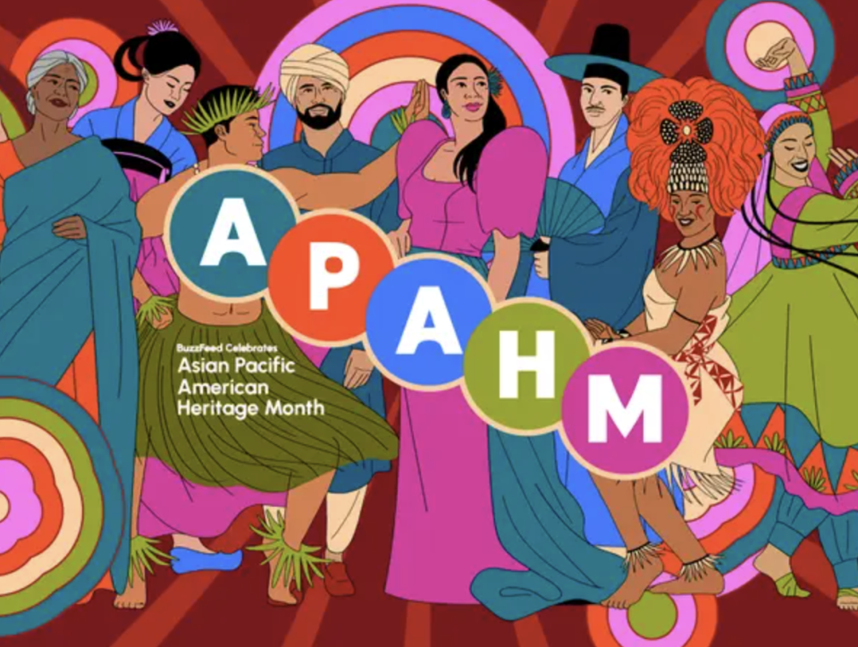 BuzzFeed article features Asian Pacific American Heritage Month, highlighted with an illustration from artist Cheyne Gallarde. Links to Instagram, TikTok, and YouTube
