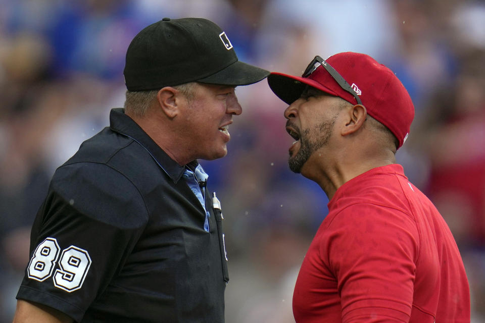 St. Louis Cardinals manager Oliver Marmol, right, argues with umpire Cory Blaser before being ejected in the sixth inning of a baseball game against the Chicago Cubs, Saturday, July 22, 2023, in Chicago. (AP Photo/Erin Hooley)