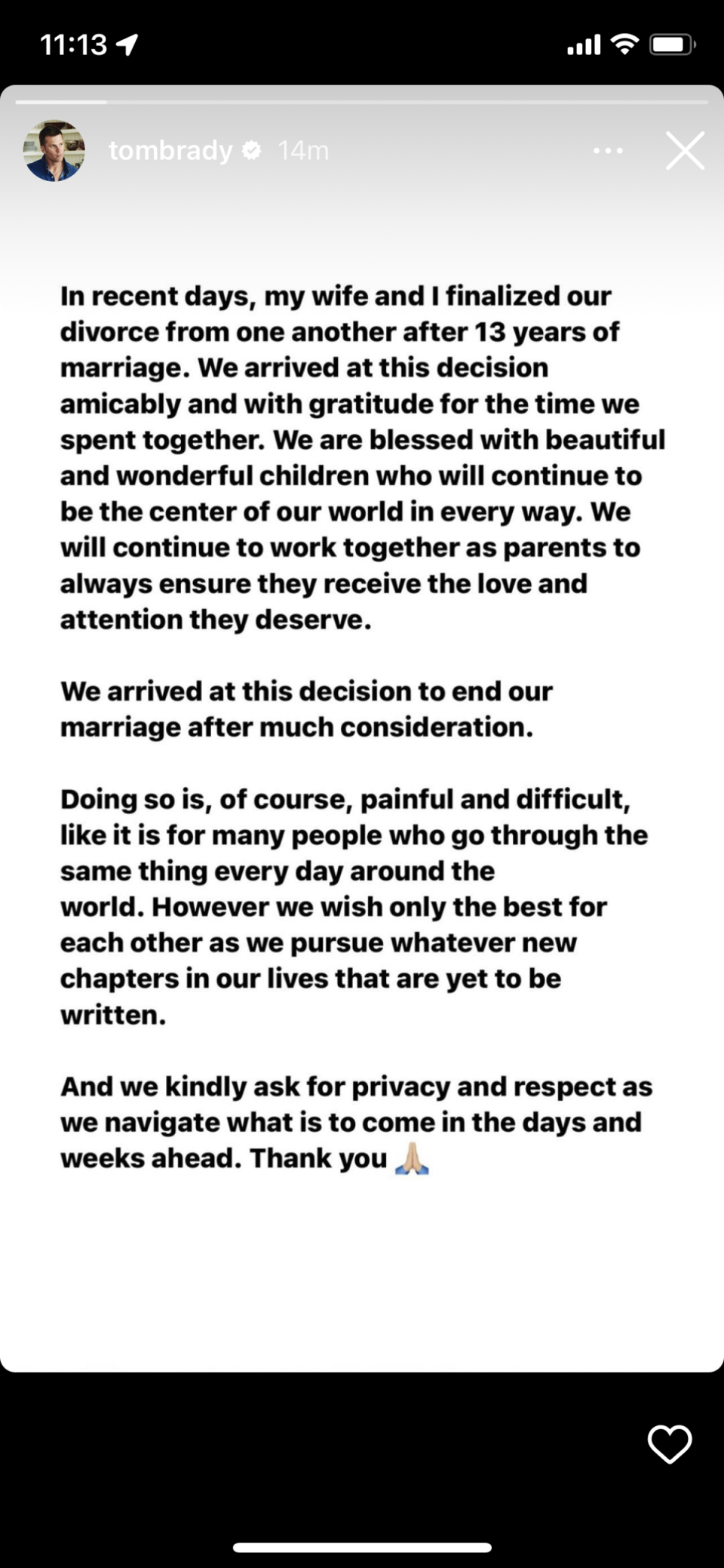 Tom Brady announces he and wife Gisele Bündchen have ended their marriage after 13 years (Instagram)