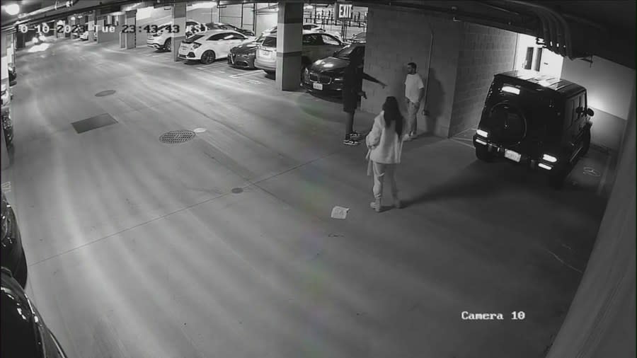 Surveillance video on Oct. 10, 2023 captured two suspects wanted for a series of violent follow-home robberies across North Hollywood. (Los Angeles Police Department)