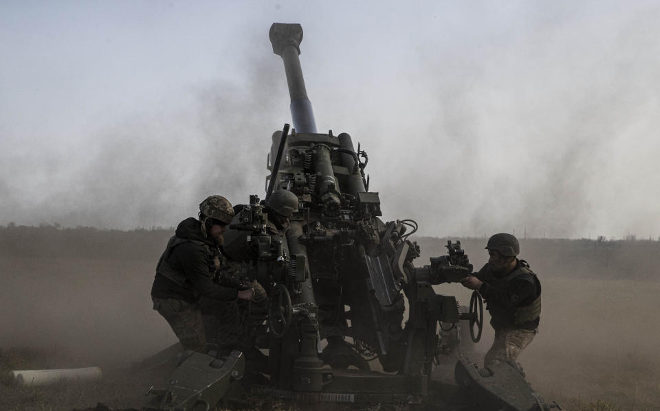 A Ukrainian howitzer targets areas controlled by Russian troops, trying to give support to the Ukrainian army in the Kherson district