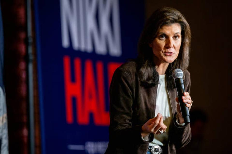 Republican presidential candidate Nikki Haley speaks during a campaign rally (Getty)