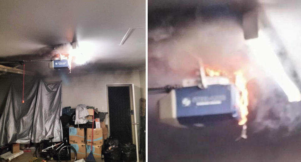 The garage door motor on fire inside the Cairns home.