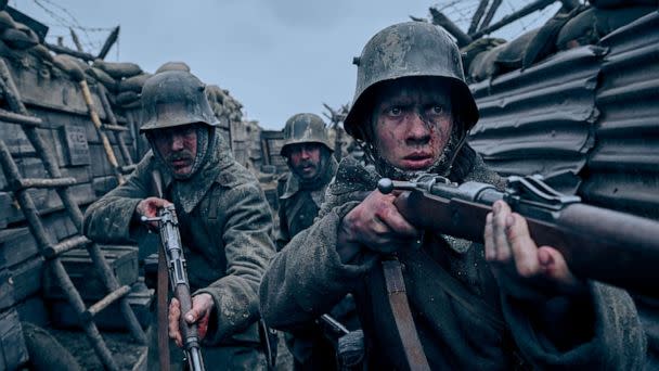 PHOTO: Felix Kammerer, Albrecht Schuch and Edin Hasanovic in a scene from the 2022 movie, 'All Quiet on the Western Front.' (Reiner Bajo/Netflix)