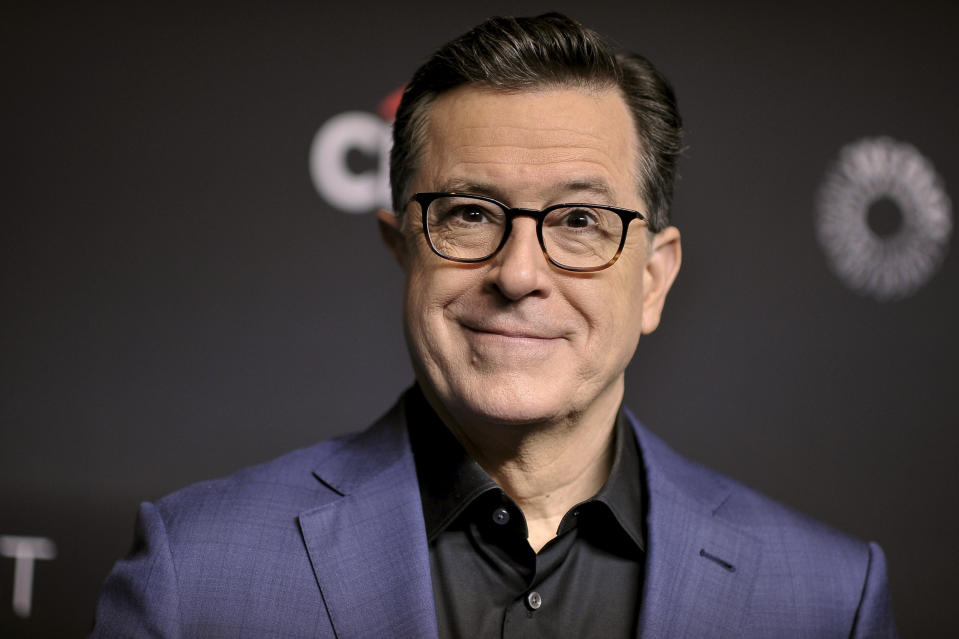 FILE - Stephen Colbert attends an event in Los Angeles on March 16, 2019. Former presidents Bill Clinton and Barack Obama will join Biden on Thursday, March 28, in New York City for a one-of-a-kind Democratic extravaganza that's expected to expand the party's already significant cash advantage over Republicans this year. The event will be moderated by Colbert. (Photo by Richard Shotwell/Invision/AP, File)