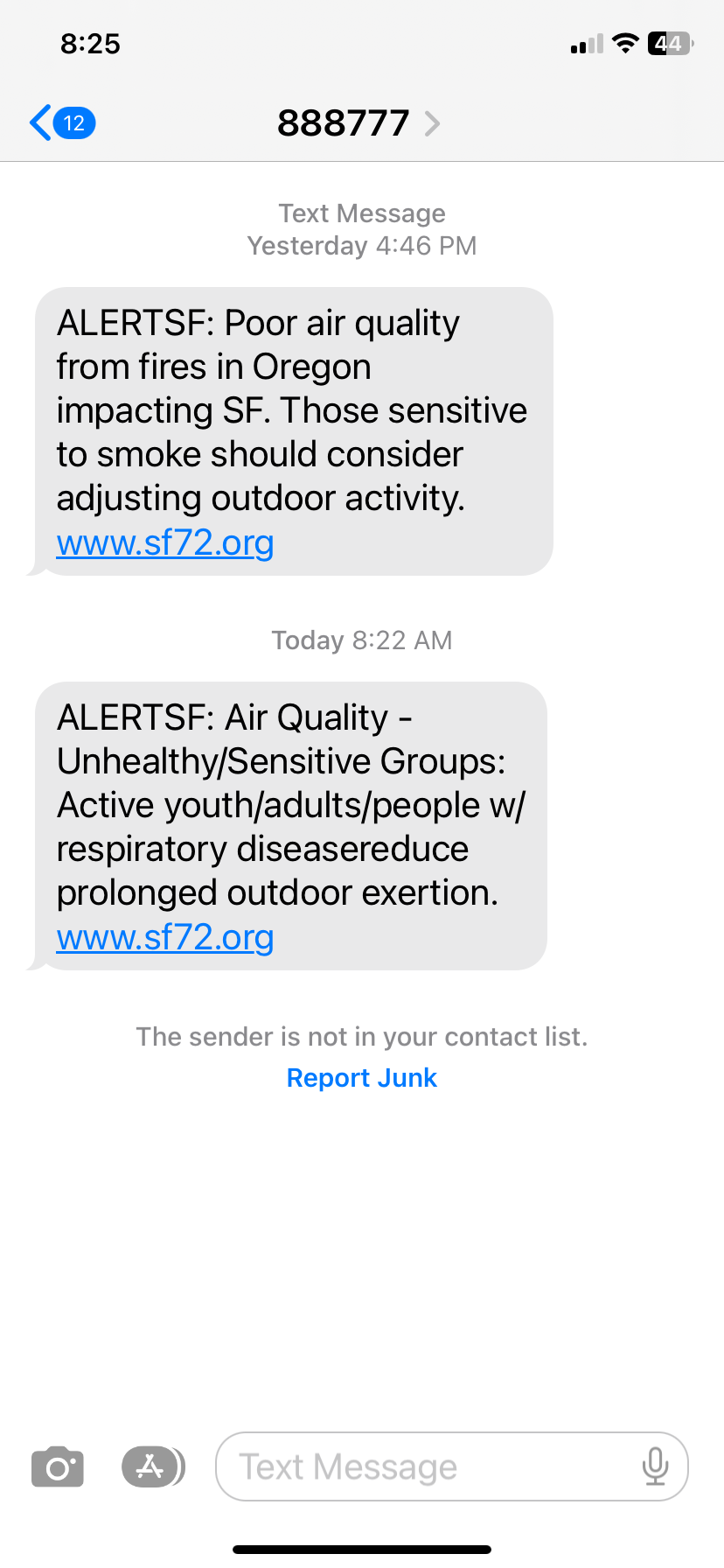 Air quality alert warnings sent to residents in San Francisco on Tuesday and Wednesday. Smoke from wildfires in northern California and southern Oregon created unhealthy air quality in the San Francisco Bay area as it was pushed south by wind patterns.