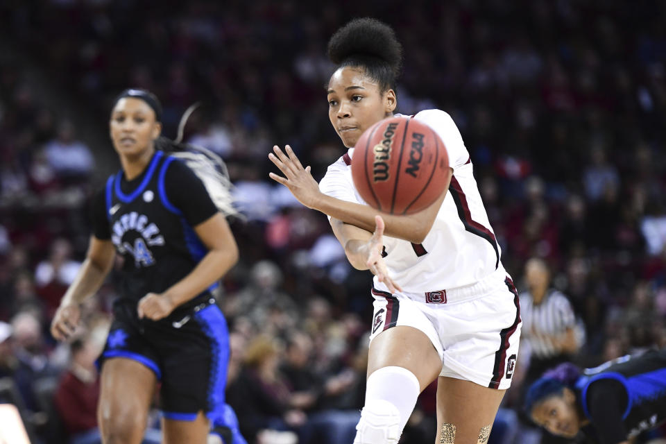 South Carolina guard Zia Cooke (1) passes to a teammate during the first half of an NCAA college basketball game against Kentucky Thursday, Jan. 2, 2020, in Columbia, S.C. (AP Photo/Sean Rayford)