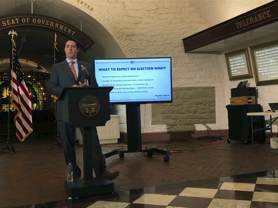 FILE - Ohio Secretary of State Frank LaRose briefs reporters on election preparations at the Ohio Statehouse in Columbus, Ohio, on Sept. 8, 2020. The Republican secretaries of state in Ohio, West Virginia and Missouri all have promoted their states’ elections as fair and secure. Yet each also is navigating a fine line on how to address election fraud conspiracies, as they eye campaigns for U.S. Senate or governor in 2024. (AP Photo/Julie Carr Smyth, File)