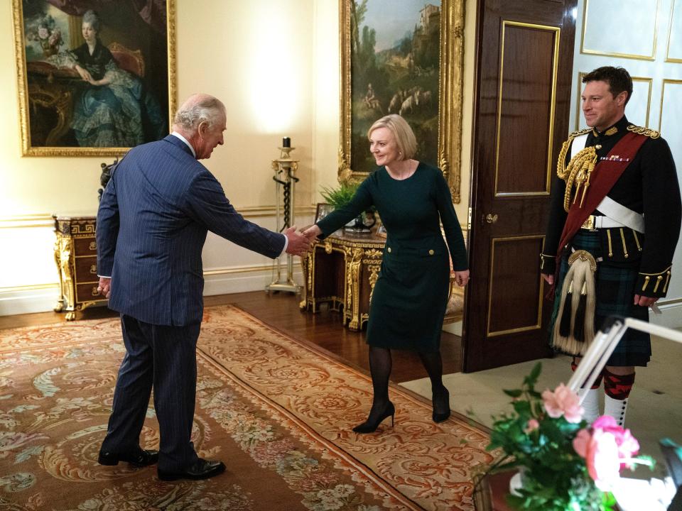 King Charles III meets Prime Minister Liz Truss during their weekly audience at Buckingham Palace on October 12, 2022