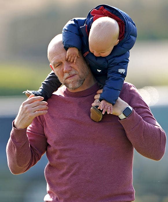 Mike Tindall has Luca son his shoulders