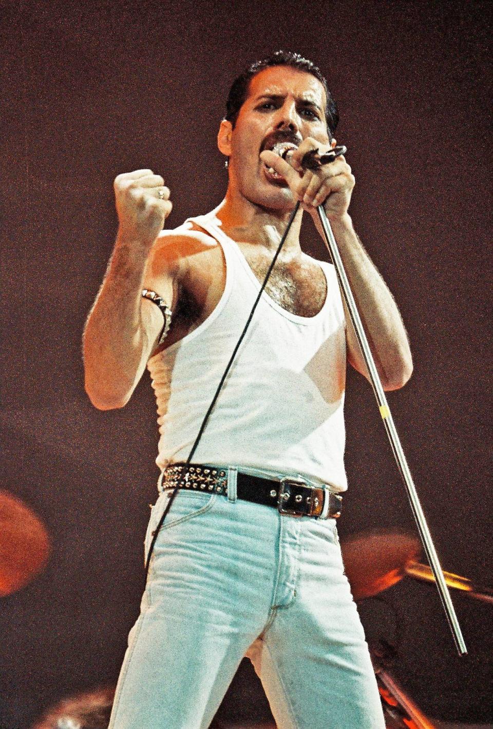 Freddie Mercury Live Aid on July 13, 1985. (Photo: Pete Still/Redferns)