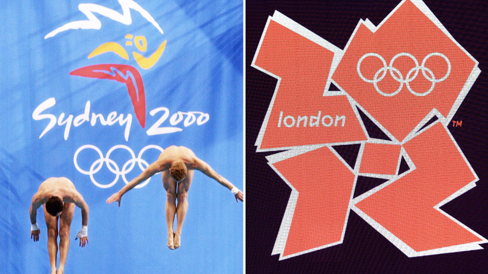 The official logos for the Sydney and London Olympics, pictured here in 2000 and 2012.