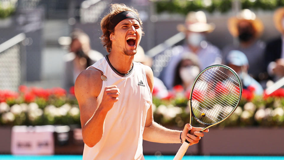 Seen here, Alexander Zverev celebrates his win against Raf Nadal in Madrid.