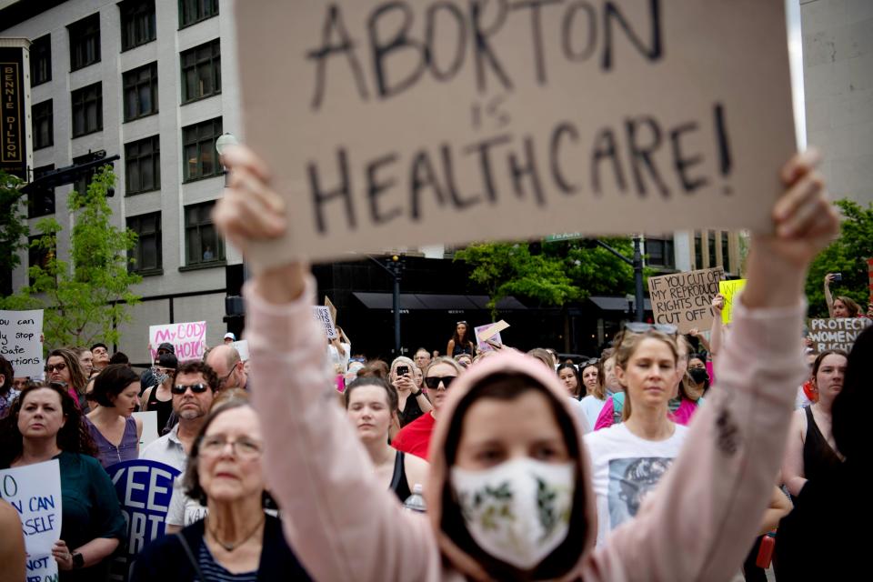 Demonstrators gather to protest in response to the potential overturning of Roe V. Wade after a leaked document revealed the Supreme Court privately voted to strike down the case that guarantees the right to abortion at Federal Courthouse in Nashville May 3, 2022. The protest was part of a nation wide protest.