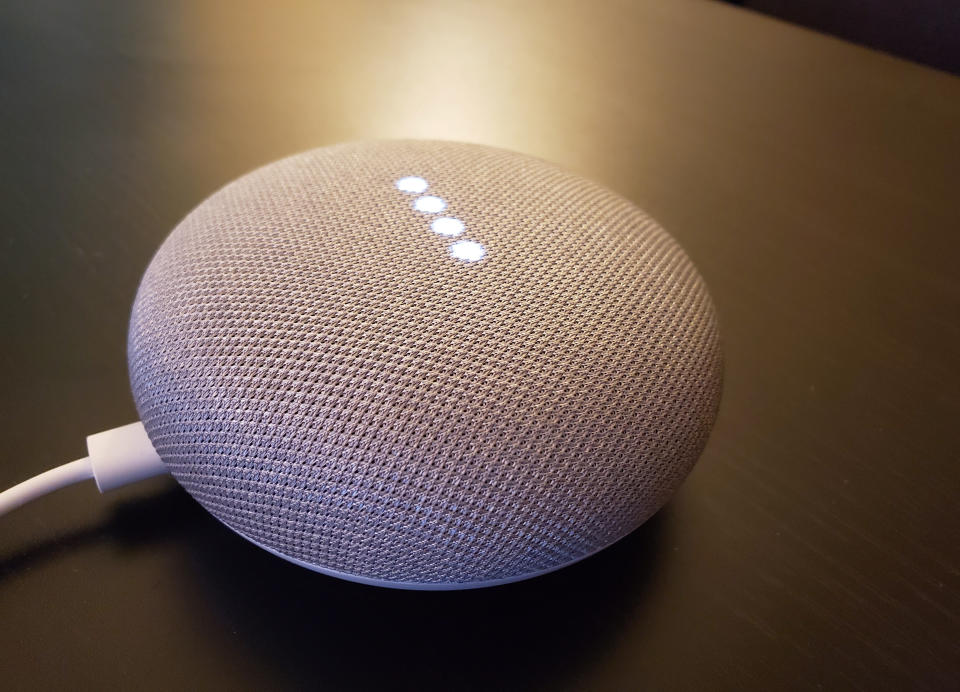 Google Home smart speakers, which respond to consumer's voice commands to control devices in the home or to answer questions out loud about topics including the weather, news or local services, in shown in San Francisco, California, U.S., March 28, 2019.  Picture taken March 28, 2019.  REUTERS/Dave Paresh