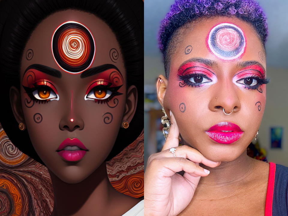 Prompt: Junji Ito–inspired makeup look on a stunning African American woman, brown skin, swirls, black, white, red, graphic liner, makeup artist, detailed, colorful, digital painting, editorial, UzumakiMy fiancé and I had been watching Junji Ito Maniac on Netflix, an anime adaptation of Japanese horror manga artist Junji Ito’s macabre tales. I wanted this look to be a nod to Ito’s Uzumaki series, which is about a small town suffering from a curse involving spirals. The color palette and overall aesthetic were a stark contrast to the “rainbows and glitter” makeup I usually go for, so I was surprised by how much I liked the end result.