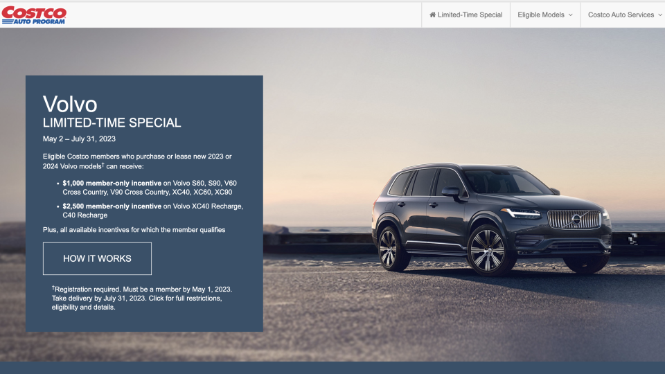 The Costco Auto Program website featuring the new Volvo incentive (5/4/2023)