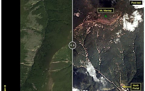 Before-and-after images show the Punggye-ri test site where on September 3, 2017, North Korea claimed to have conducted the undeground explosion of a hydrogen bomb - Credit: AFP/Planet