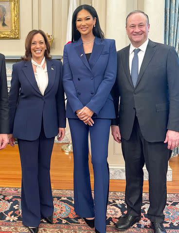 <p>Kimora Lee Simmons/Instagram</p> From left: Kamala Harris, Kimora Lee Simmons, Doug Emhoff