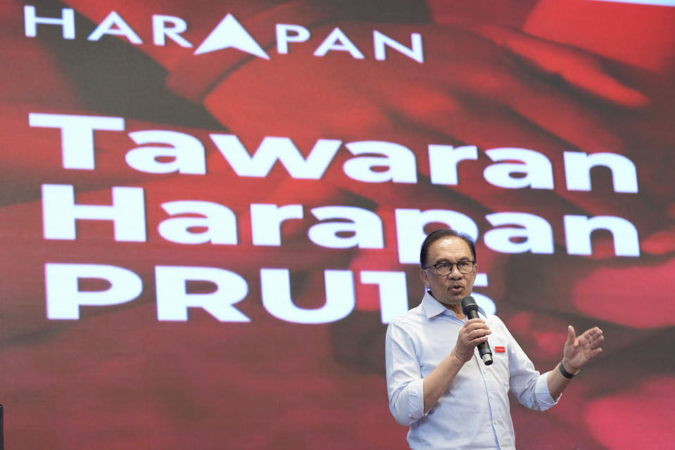 Malaysian opposition leader Anwar Ibrahim speaks during an event as his Pakatan Harapan (The Alliance of Hope) unveils the manifesto at a hotel in Klang, Malaysia Wednesday, Nov. 2, 2022. (AP Photo/Vincent Thian)