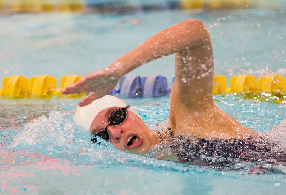 Adams' Elisa Nurenberg competes in the 200-yard freestyle during the sectional swimming prelims Thursday, Feb. 4, 2021 at Riley High School.