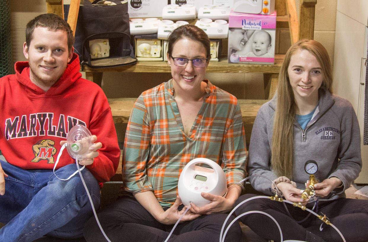 A group of engineers in Maryland (L-R: Alex Scott, Brandi Gerstner, and Rachel LaBatt; not pictured: Grant Gerstner) are repurposing breast pumps as ventilators for COVID-19 patients. (Photo: Courtesy of Rachel LaBatt)