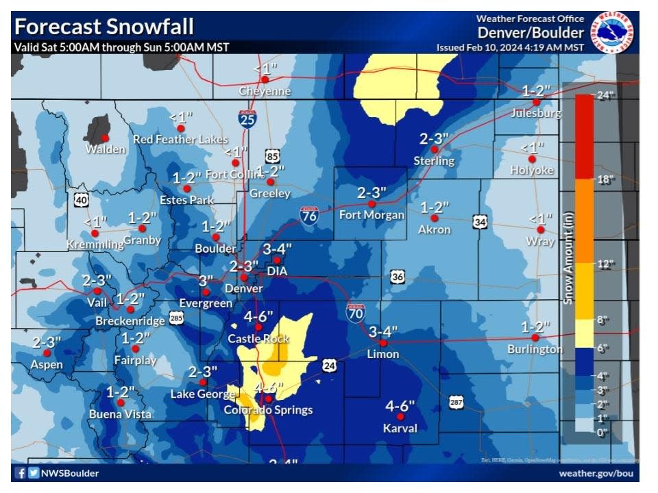 A map from the National Weather Service in Boulder shows what additional snow totals might look like for Saturday, Feb. 10, 2024.