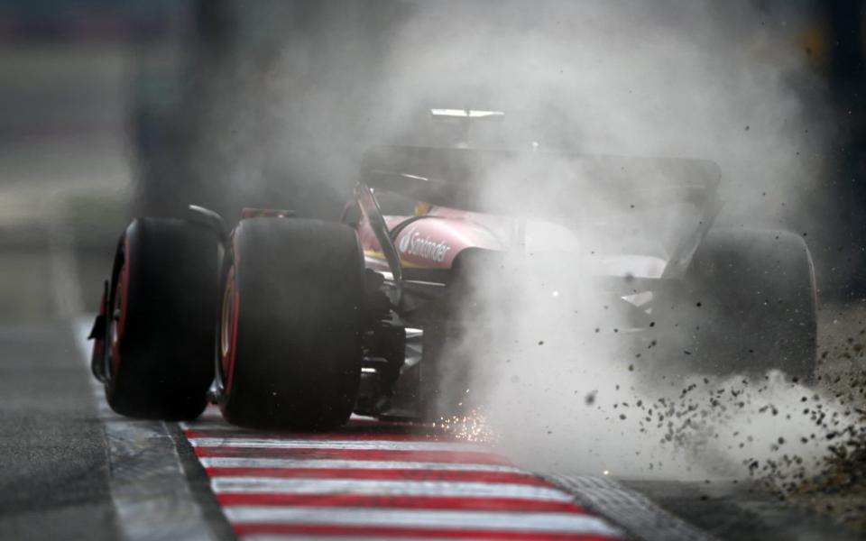 Carlos Sainz of Spain driving (55) the Ferrari SF-24 runs wide into the gravel during qualifying ahead of the F1 Grand Prix of China at Shanghai International Circuit on April 20, 2024 in Shanghai, China.