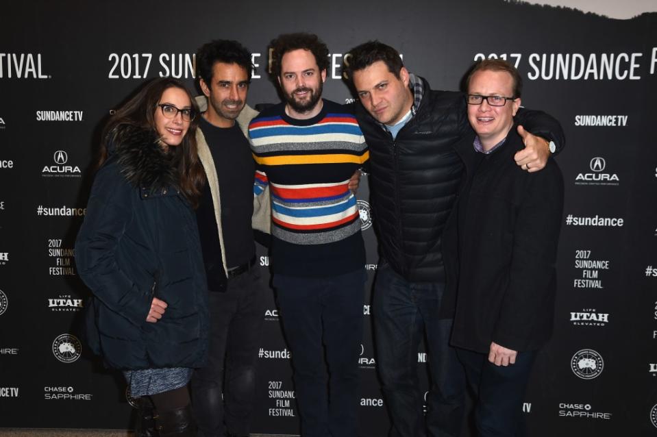 PARK CITY, UT - JANUARY 25:  (L-R) Producer Elizabeth Grave, producer Robert George, director Drake Doremus, producer Michael Pruss, and producer John Finemore attend the "Newness" Premiere on day 7 of the 2017 Sundance Film Festival at Eccles Center Theatre on January 25, 2017 in Park City, Utah.  (Photo by Nicholas Hunt/Getty Images for Sundance Film Festival)