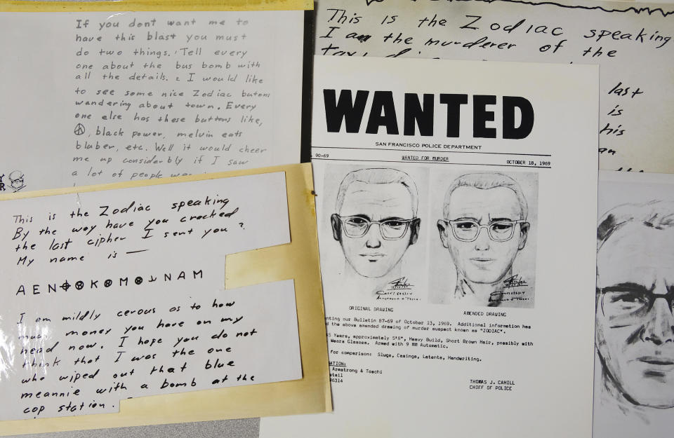 In this May 3, 2018, file photo, a San Francisco Police Department wanted bulletin and copies of letters sent to the San Francisco Chronicle by a man who called himself Zodiac are displayed in San Francisco.  / Credit: Eric Risberg / AP