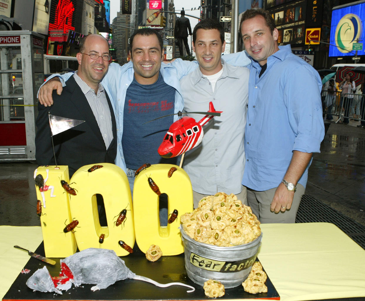 NEW YORK - JULY 12:  (L-R) NBC President Jeff Zucker, Fear Factor host Joe Rogan and executive producers Matt Kunitz and David Hurwitz attend the show's 100th episode celebration in Times Square July 12, 2004 in New York City.  (Photo by Peter Kramer/Getty Images)
