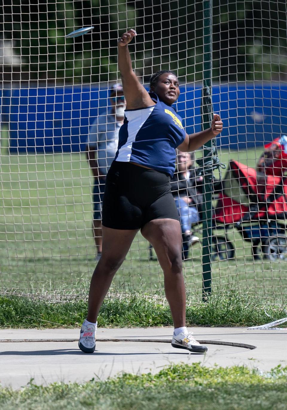 Gregori’s Naelani Thompson placed second with a throw of 105-05 in the girls discus during the Central California Athletic League Championships at Downey High School in Modesto, Calif., Wednesday, May 1, 2024.