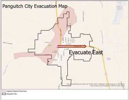 The hatched area shows high potential for flooding within the evacuation zone in black.