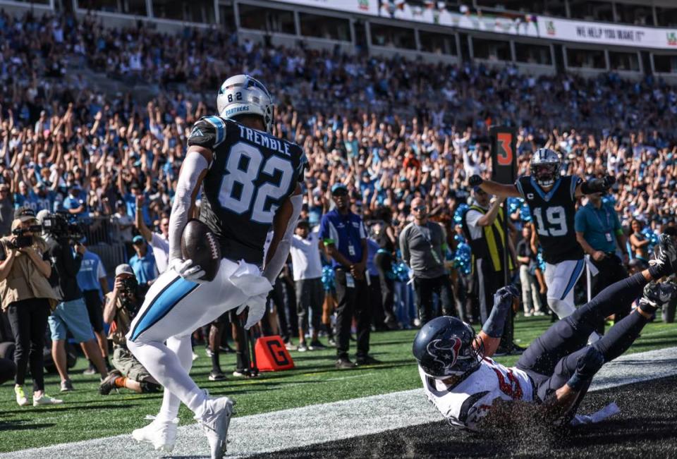 Carolina Panthers tight end Tommy Tremble makes a touchdown against the Houston Texans at the Bank of America Stadium in Charlotte, N.C., on Sunday, October 29, 2023.