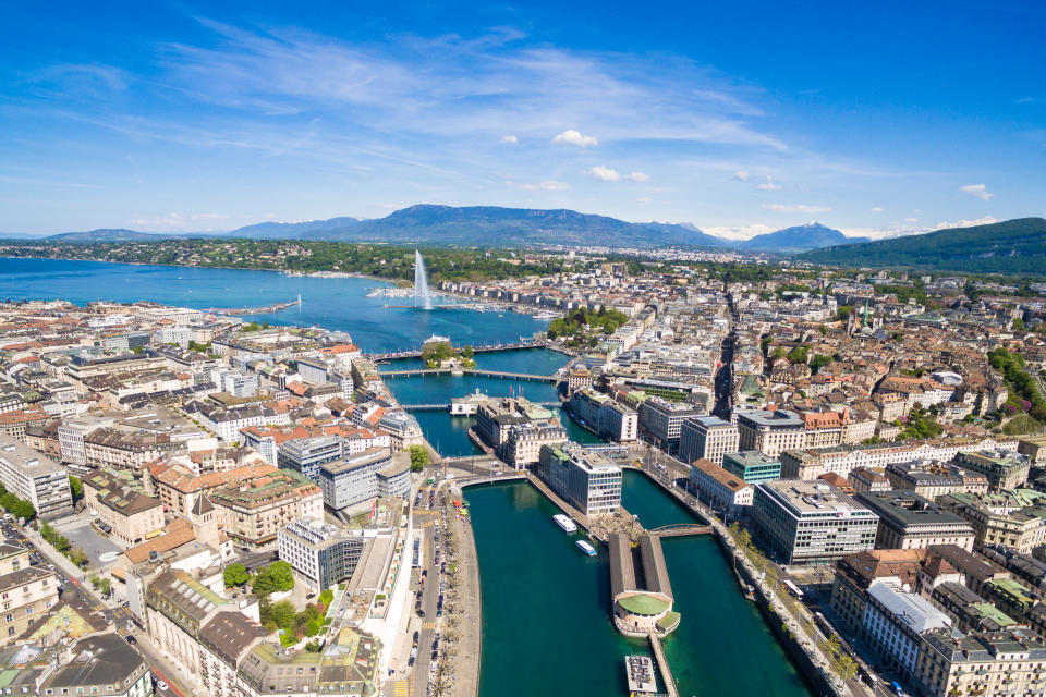 Aerial view of Leman lake -  Geneva city in Switzerland