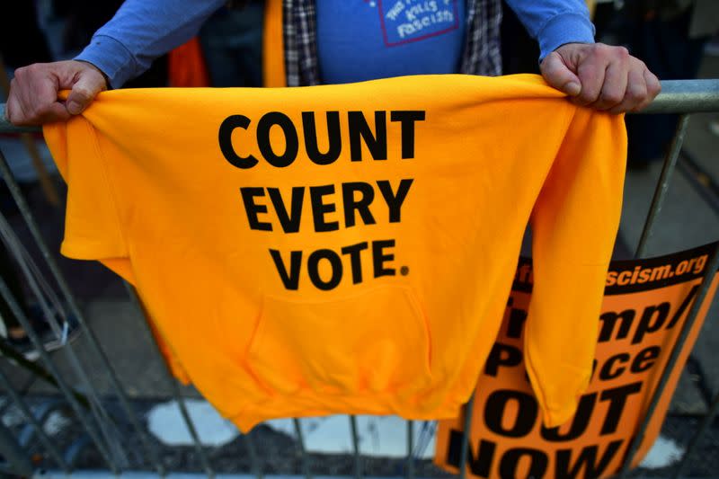 An activist leans against a sweatshirt stating "COUNT EVERY VOTE." in Philadelphia