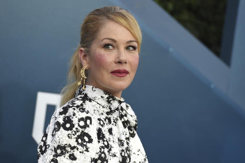 Christina Applegate, in black and white gown, at the Screen Actors Guild Awards at the Shrine Auditorium on Jan. 19, 2020