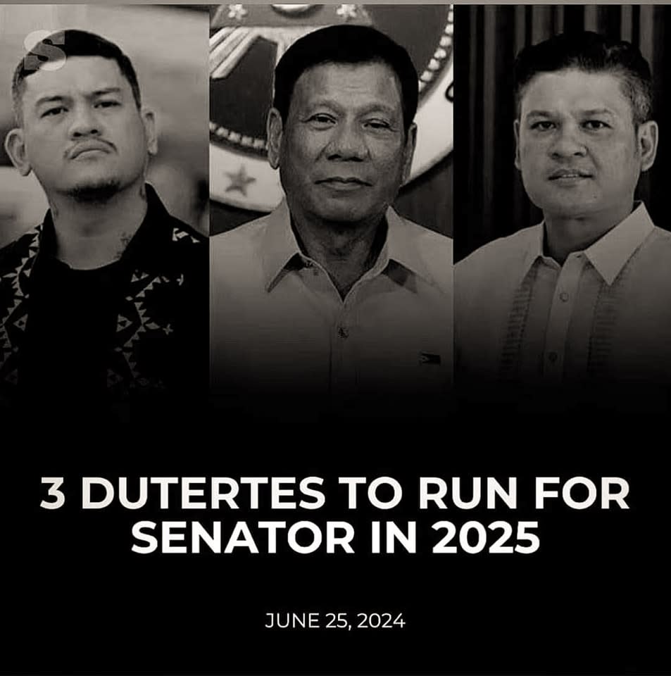 菲律賓前總統杜特蒂將與2個兒子在2025年5月中期選舉中競選參議員。左起：達沃市長塞巴斯蒂安·杜特蒂、菲前總統羅德里哥·杜特蒂，達沃市第一區議員保羅·杜特蒂。（圖／翻攝自微博@Kitty Duterte）