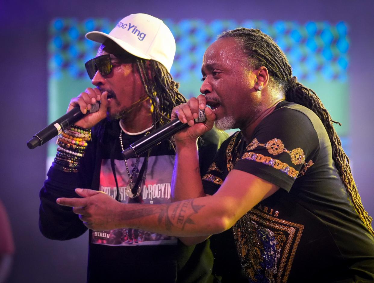 D-Roc, left, and Kaine, of Ying Yang Twins perform at the Mass Appeal x Hulu “Freaknik: The Wildest Party Never Told” showcase at Stubb’s at SXSW Wednesday March 13, 2024.