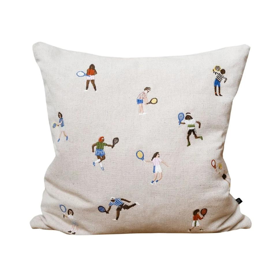 Fine Little Day Tennis Embroidered Cushion on a white background