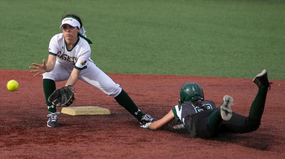 Raritan vs Red Bank Catholic softball. RBC's Nicole Knox takes a throw at second base as Raritan's Allyson Depaolo slides in safe.    
Red Bank, NJ
Thursday, April 14, 2022