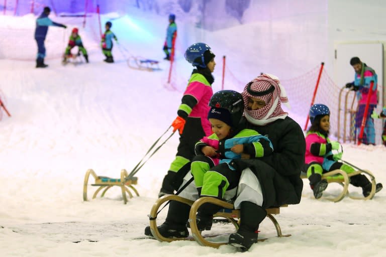 A Saudi man and a boy slide on a sledge at "Snow City" in the capital Riyadh