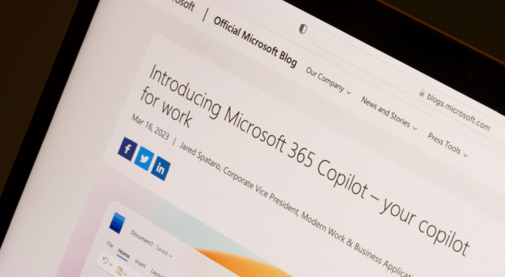 Official Microsoft (MSFT) blog introducing Microsoft 365 Copilot is seen on its corporate website. Microsoft 365 Copilot provides AI tools aimed at boosting efficiency.