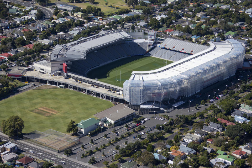 Aerial photograph of Eden Park in Auckland, New Zealand, May 10, 2014. Eden Park will host nine matches of the FIFA women's World Cup in July and August of 2023. (Richard Robinson/New Zealand Herald via AP)