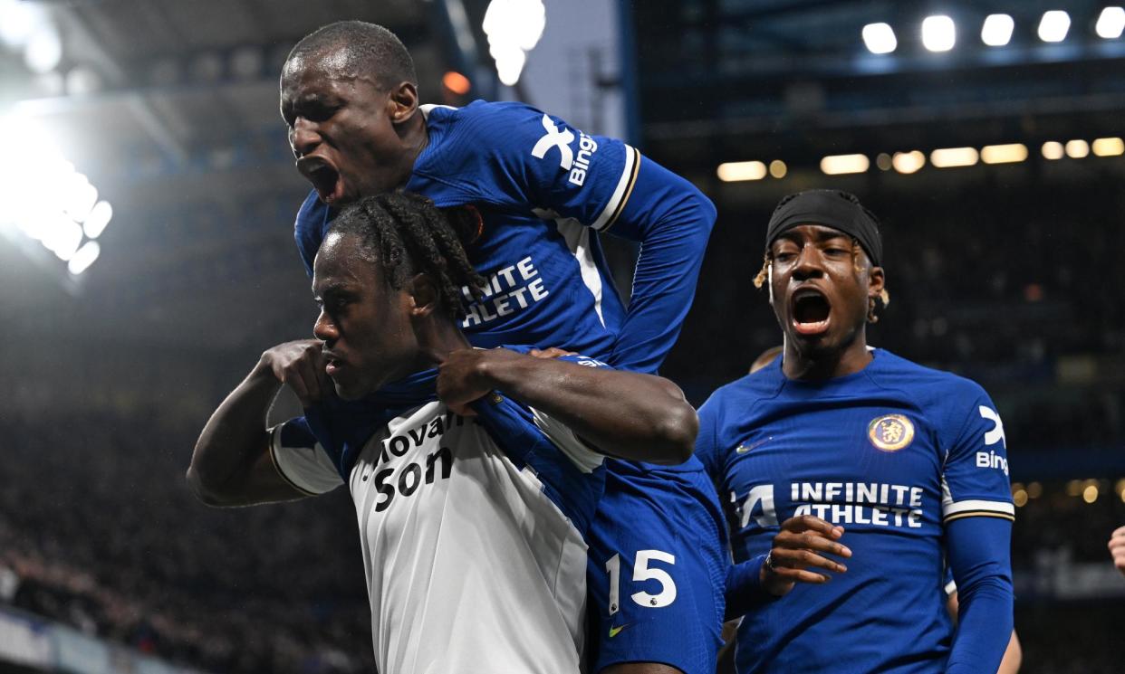 <span>Trevoh Chalobah celebrates Chelsea’s opener with Nicolas Jackson, who went on to score the hosts’ second goal.</span><span>Photograph: Darren Walsh/Chelsea FC/Getty Images</span>