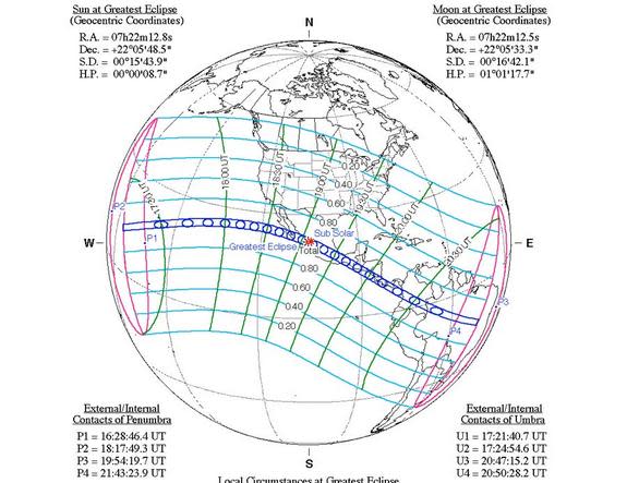 Shown here, the path of the total eclipse that occurred on July 11, 1991.